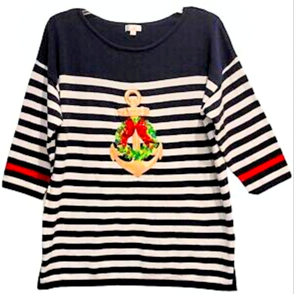 CABANA CAY NAUTICAL CHRISTMAS CREW NECK 100% COTTON TIGHT-KNIT 3/4 SLEEVE
